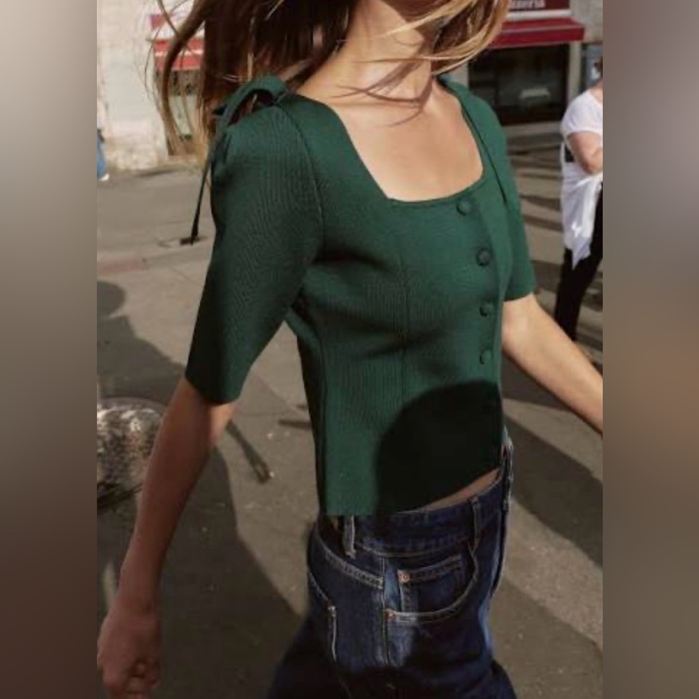 Zara Dark Green Ribbed Square Neck Button-Front Sweater